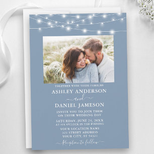 Modern Dusty Blue String Lights Photo Wedding Invitation