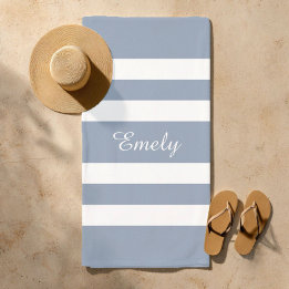 Modern Dusty Blue Striped Name Beach Towel
