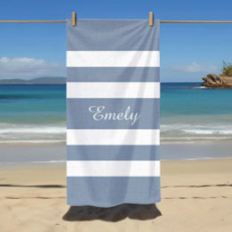 Modern Dusty Blue Striped Name Beach Towel