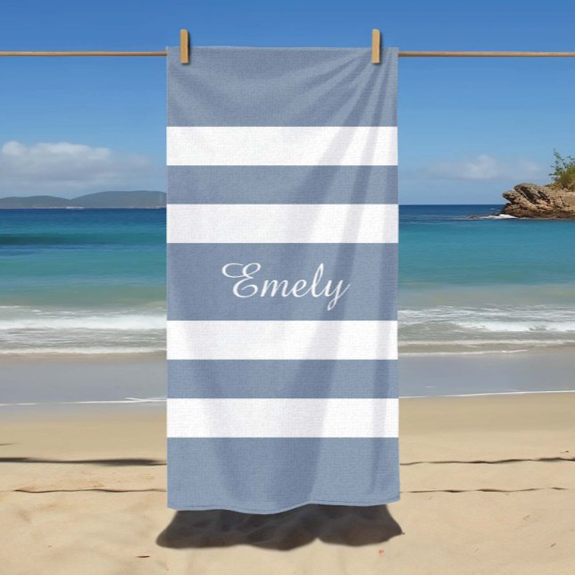 Modern Dusty Blue Striped Name Beach Towel (Custom Name Modern Dusty Blue Striped Beach Towel)
