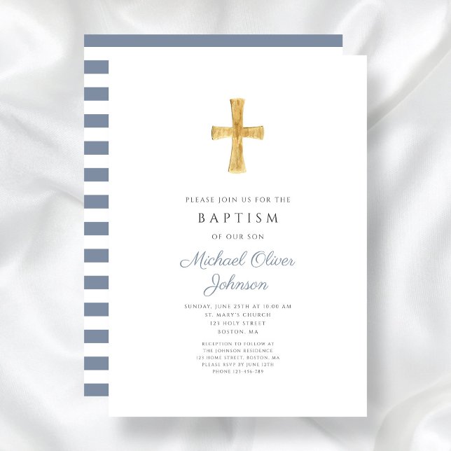 Modern Dusty Blue Stripes Cross Boy Baptism Invitation (Modern Dusty Blue Stripes Cross Boy Baptism Invitation)