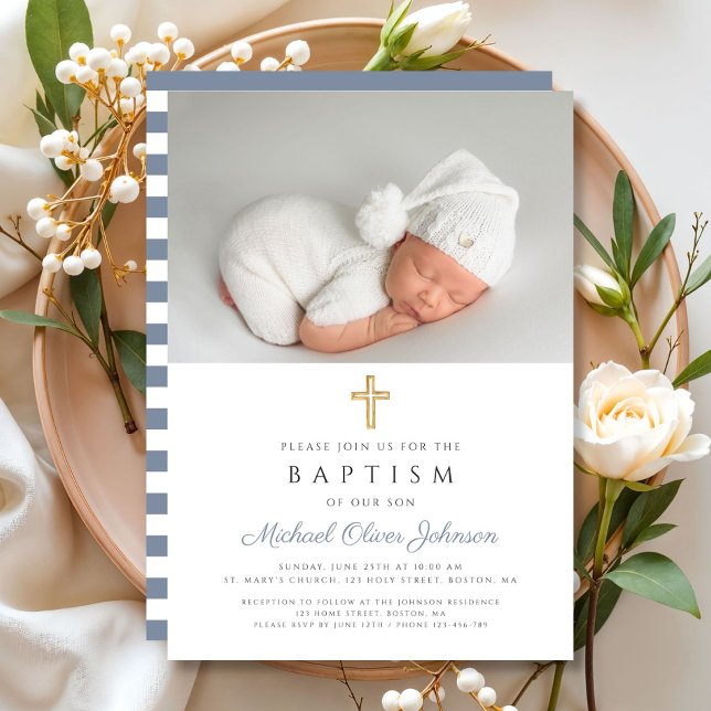 Modern Dusty Blue Stripes Cross Photo Boy Baptism Invitation (Dusty Blue Stripes Cross Photo Boy Baptism Invitation)