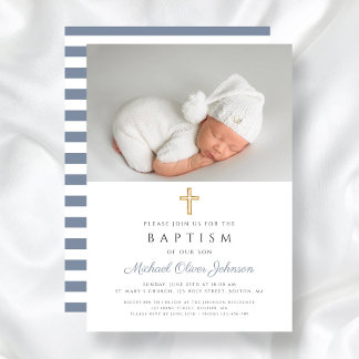 Modern Dusty Blue Stripes Cross Photo Boy Baptism Invitation