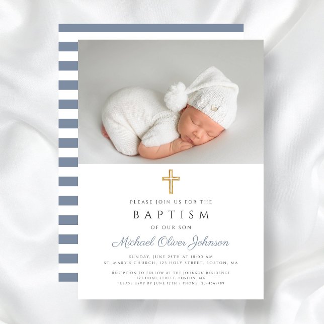 Modern Dusty Blue Stripes Cross Photo Boy Baptism Invitation (Dusty Blue Stripes Cross Photo Boy Baptism Invitation)