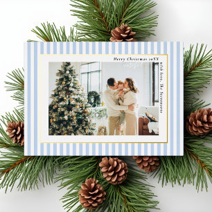 Modern Dusty Blue Stripes Photo Christmas Gold Foil Holiday Card