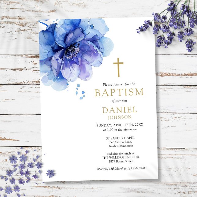 Modern Dusty Blue Watercolor Floral Baptism Invitation (Modern Dusty Blue Watercolor Floral Baptism Invitation)
