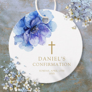 Modern Dusty Blue Watercolor Floral Confirmation Favour Tags