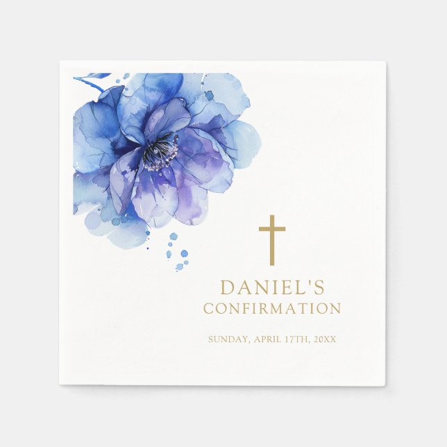 Modern Dusty Blue Watercolor Floral Confirmation Napkin (Front)