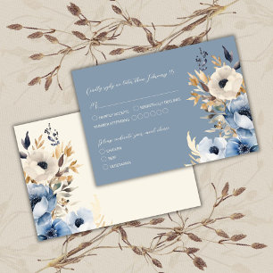 Modern Dusty Blue Watercolor Floral Winter Wedding RSVP Card