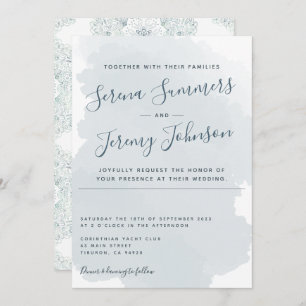 Modern Dusty Blue Watercolor Wash Beach Wedding Invitation