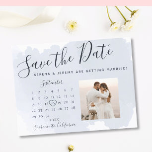 Modern Dusty Blue Watercolor Wash Wedding Calendar Announcement Postcard
