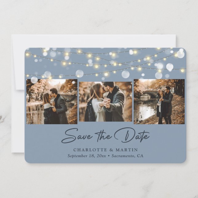 Modern Dusty Blue Wedding 3 Photo Save The Date (Front)