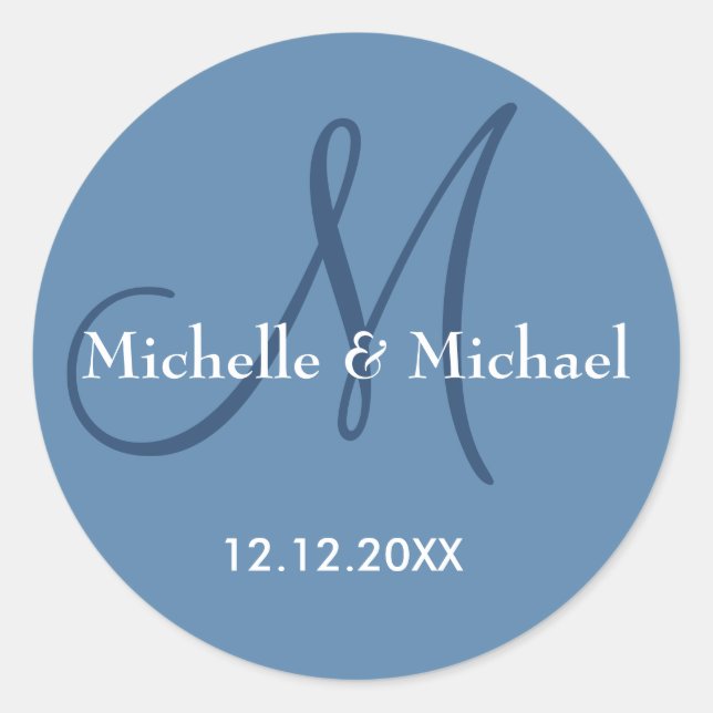 Modern Dusty Blue Wedding Monogram Name Classic Round Sticker (Front)