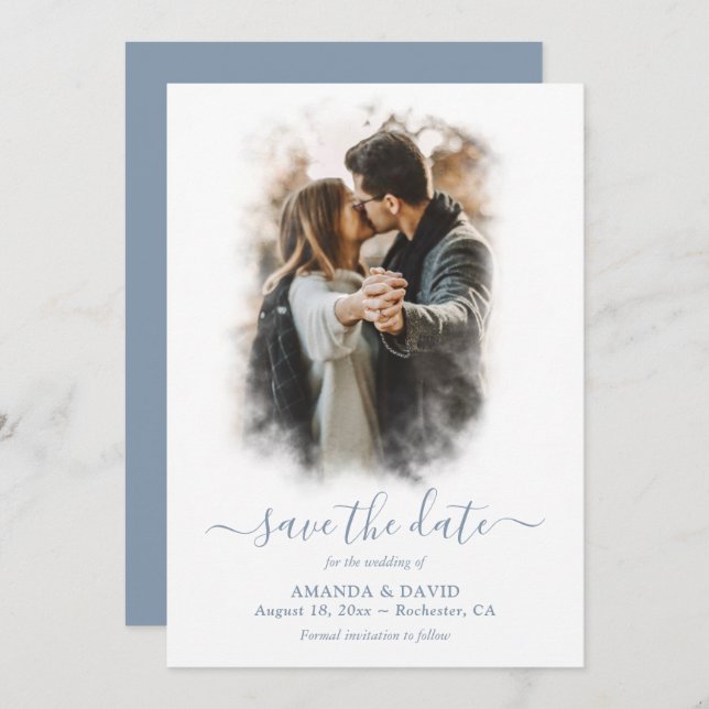 Modern Dusty Blue Wedding Photo Save The Date (Front/Back)