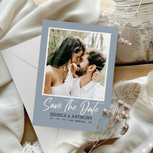 Modern Dusty Blue Wedding QR Code Save the Date Invitation