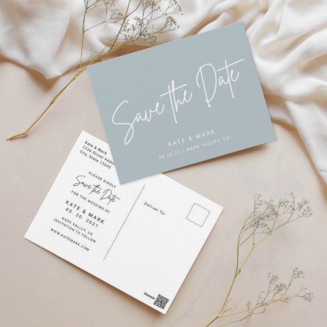Modern Dusty Blue Wedding Save the Date Postcard (Creator Uploaded)