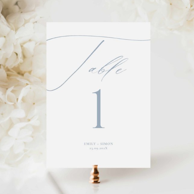Modern Dusty Blue Wedding Table Numbers (dusty blue dainty script wedding table number card, classy wedding table number blue)