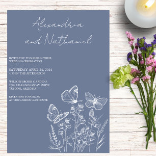 Modern Dusty Blue & White Butterfly Wedding Invitation