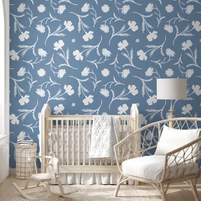  Modern Dusty Blue White Floral Liberty Cute Girly Wallpaper (Kids)