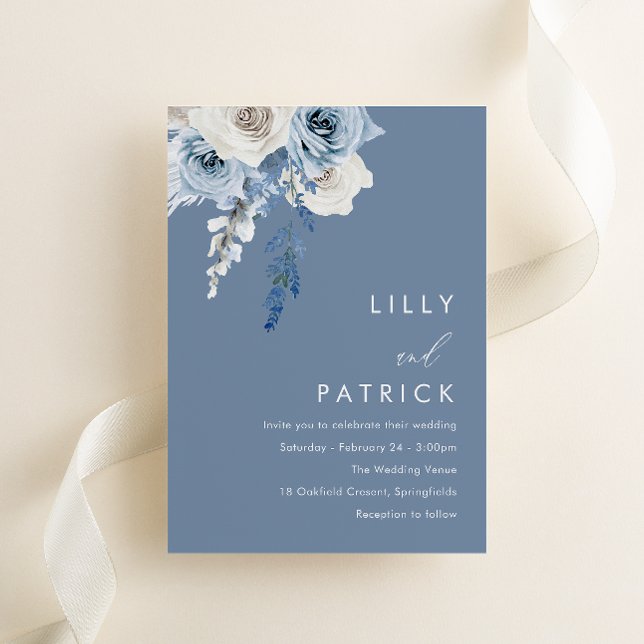 Modern Dusty Blue & White Floral Wedding Invitation (Creator Uploaded)