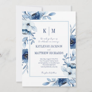 Modern Dusty Blue  & White Floral Wedding Invitation