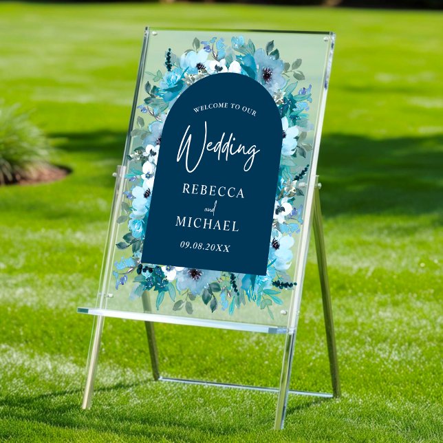 modern dusty blue white floral wedding welcome  acrylic sign (Creator Uploaded)