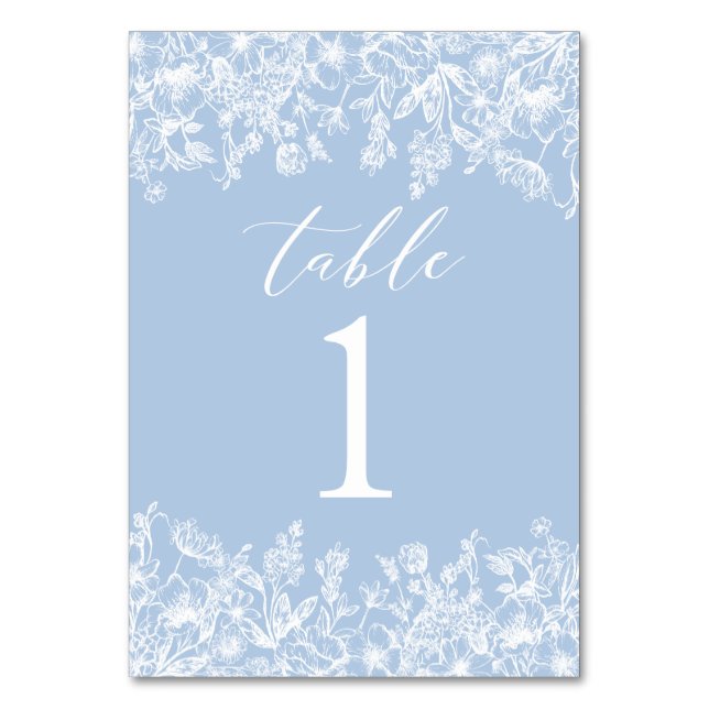 Modern Dusty Blue White Flowers Table Number Card (Back)