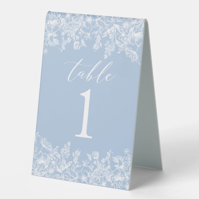 Modern Dusty Blue White Flowers Table Number Card (Front)