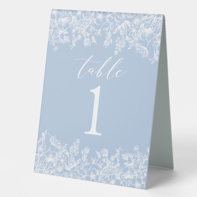 Modern Dusty Blue White Flowers Table Number Card (Front)
