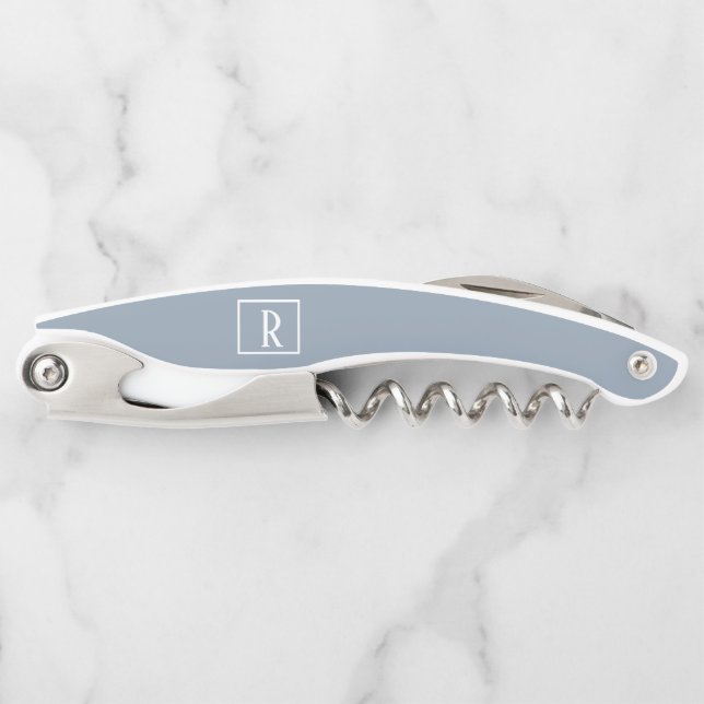 Modern Dusty Blue White Monogram Initials Bottle  Corkscrew (Front)