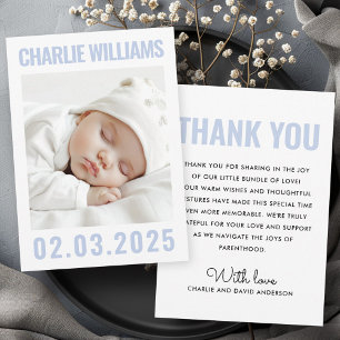 Modern dusty blue white new baby photo birth announcement