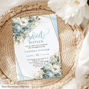 Modern Dusty Blue White Peonies Sweet 16 Invites