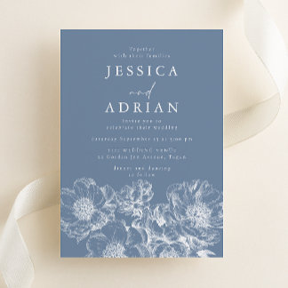 Modern Dusty Blue & White Peony Line Art Wedding Invitation