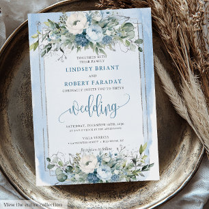 Modern Dusty Blue White Silver Roses Wedding   Invitation