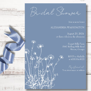 Modern Dusty Blue & White Wildflower Bridal Shower Invitation