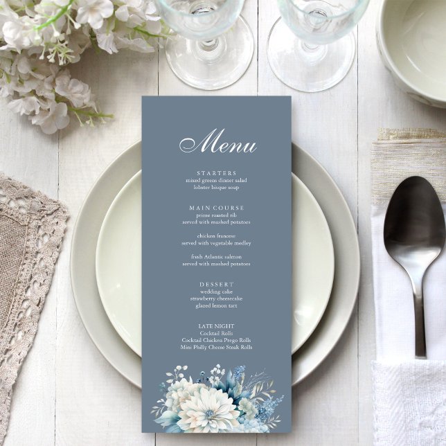 Modern Dusty Blue Wildflowers Wedding Menu (Modern Dusty Blue Wildflowers Wedding Menu on a beautiful white and silver wedding table.)