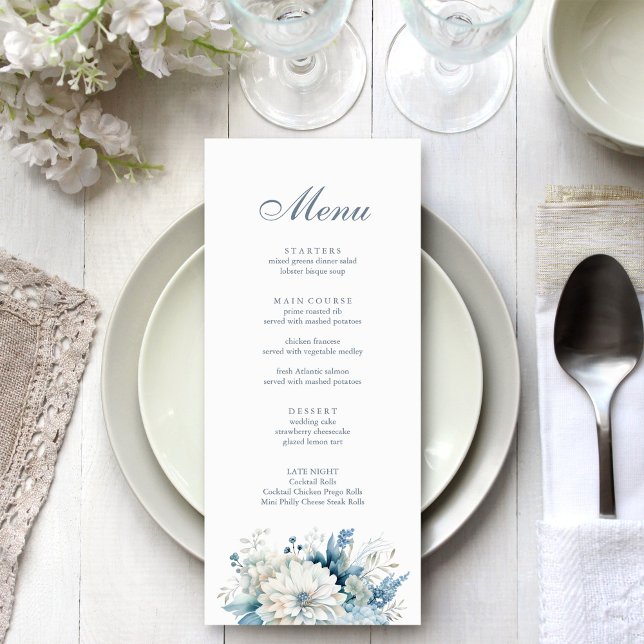 Modern Dusty Blue Wildflowers Wedding Menu (Modern Dusty Blue Wildflowers Wedding Menu on a white and silver wedding table.)