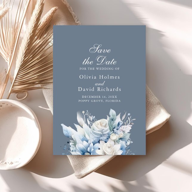 Modern Dusty Blue Wildfower Save the Date Card (Modern Dusty Blue Wildfower Save the Date Card on a sunny neutral boho table.)