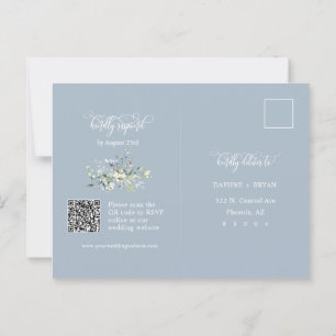 Modern Dusty Blue Winter Green Leaves QR Code RSVP Postcard