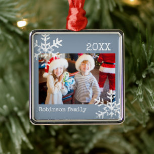 Modern Dusty Blue Winter Snowflake Custom Photo Metal Ornament