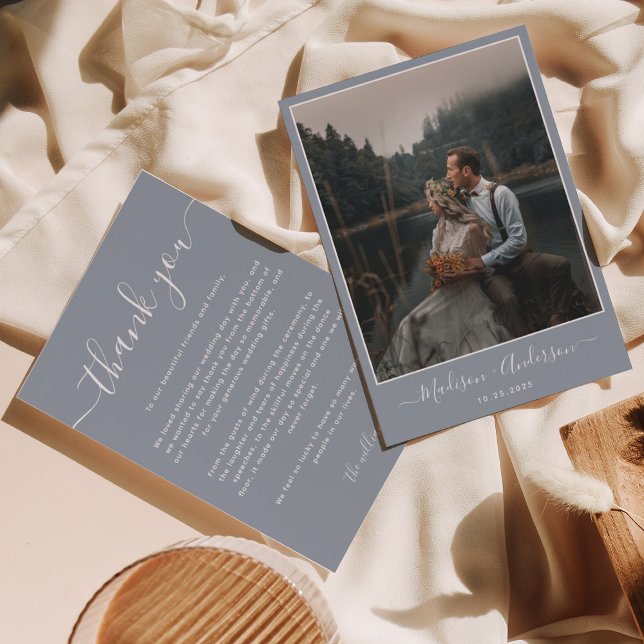 Modern Dusty Blue with Two Photo Wedding Thank You Card (Creator Uploaded)