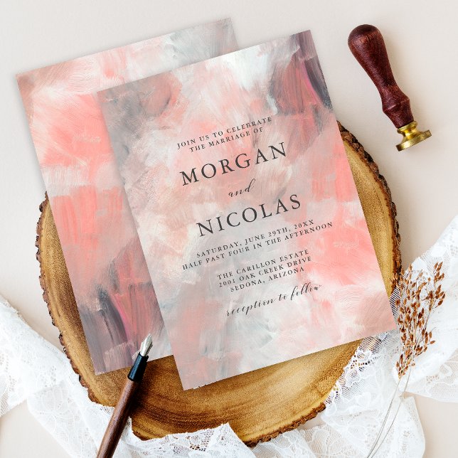 Modern Dusty Coral Abstract Brush Strokes Wedding Invitation (Modern luxury styling in this simple, artistic coral abstract wedding invitation.)