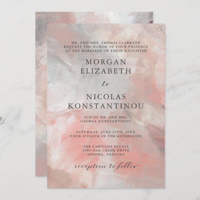 Modern Dusty Coral Abstract Brush Strokes Wedding Invitation (Front/Back)