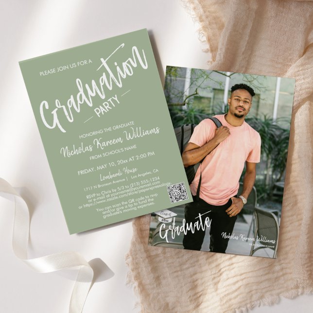Modern Dusty Green QR Code Photo Graduation Party Invitation (Creator Uploaded)