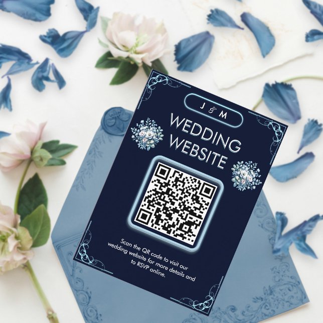Modern Dusty Light Blue Boho Navy Wedding QR Code Enclosure Card (Creator Uploaded)