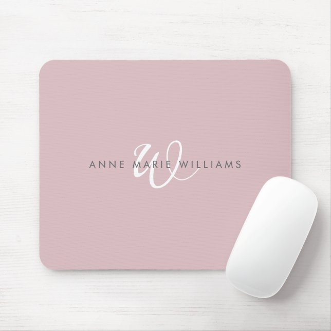 Modern Dusty Lilac White Script Monogram Mouse Pad (With Mouse)