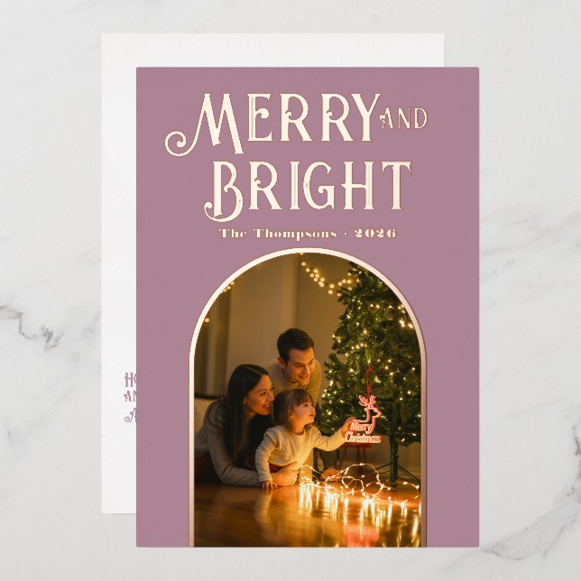 Modern Dusty Mauve & Rose Gold Christmas Photo Foil Holiday Card (Front/Back)