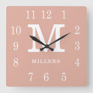 Modern Dusty Pink And White Family Name Monogram Square Wall Clock