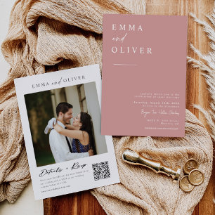 Modern Dusty Pink Boho Wedding Photo QR Code RSVP Invitation