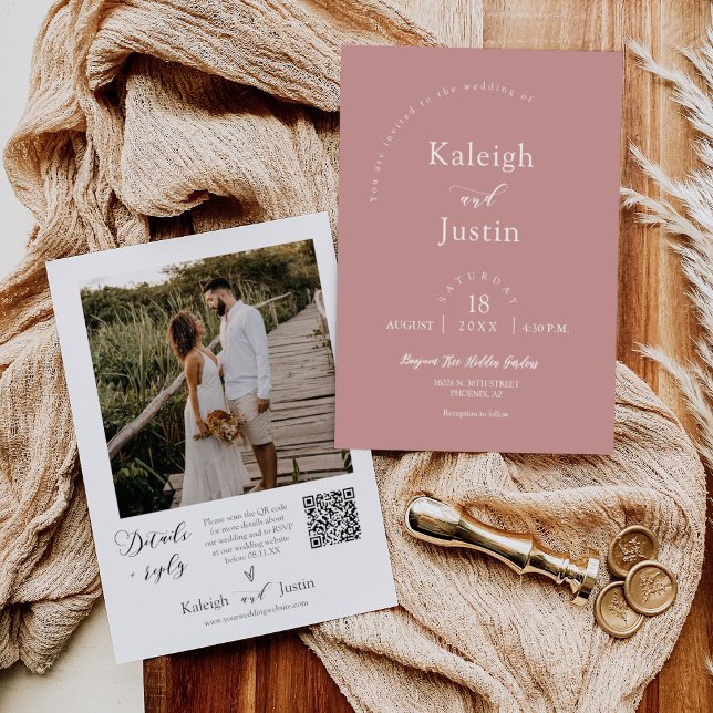 Modern Dusty Pink Boho Wedding QR Code RSVP Photo Invitation (Creator Uploaded)